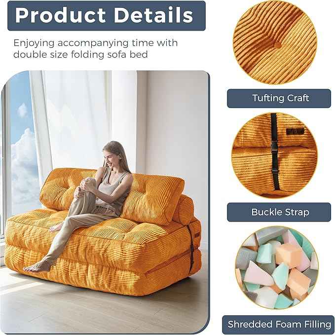 MAXYOYO Folding Sofa Bed, Convertible Sleeper Chair with Pillow Foldable Matress with Back Support, Portable Fold Out Chair Bed Comfy Floor Sofa Lounge for Living Room Bedroom, Orange Double
