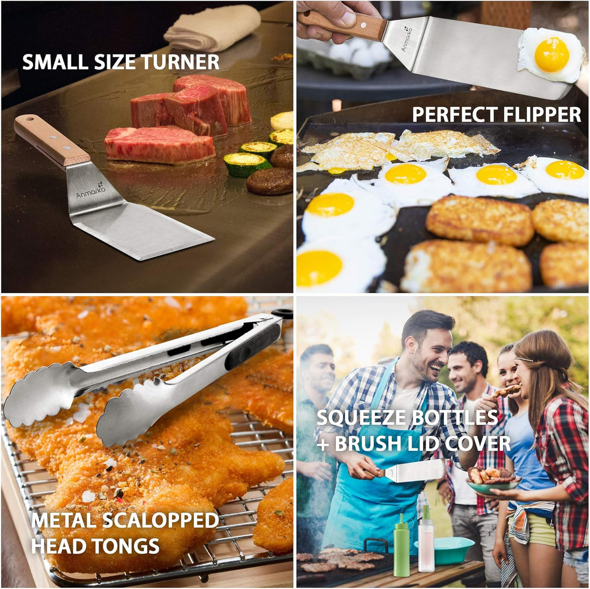 Metal Spatula Set of 4 - Griddle Accessories kit - Grill Flat Spatula Pancake Flipper Hamburger Turner - Metal Utensil Great for BBQ Grill Flat Top Cast Iron Griddle