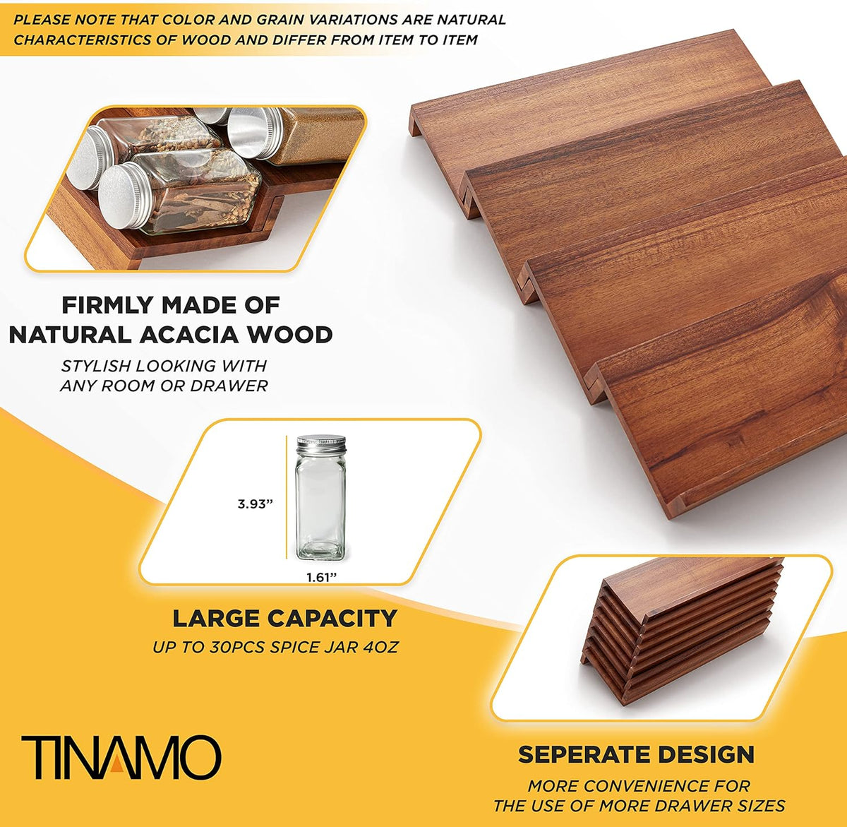 Tinamo Wood Spice Drawer Organizer - Acacia Wooden Tray Spice Racks Organizer for Cabinet Storage Shelf - 4 Tier Spice Rack for Drawer 32 Jars (Pack 4)