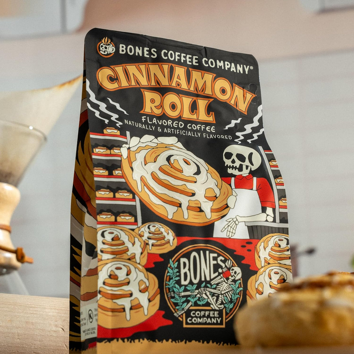 Bones Coffee Company Cinnamon Roll Flavored Coffee, Medium Roast Low Acid Arabica Beans Compatible with Auto drip and French Press Coffee Maker, 12 Oz Ground