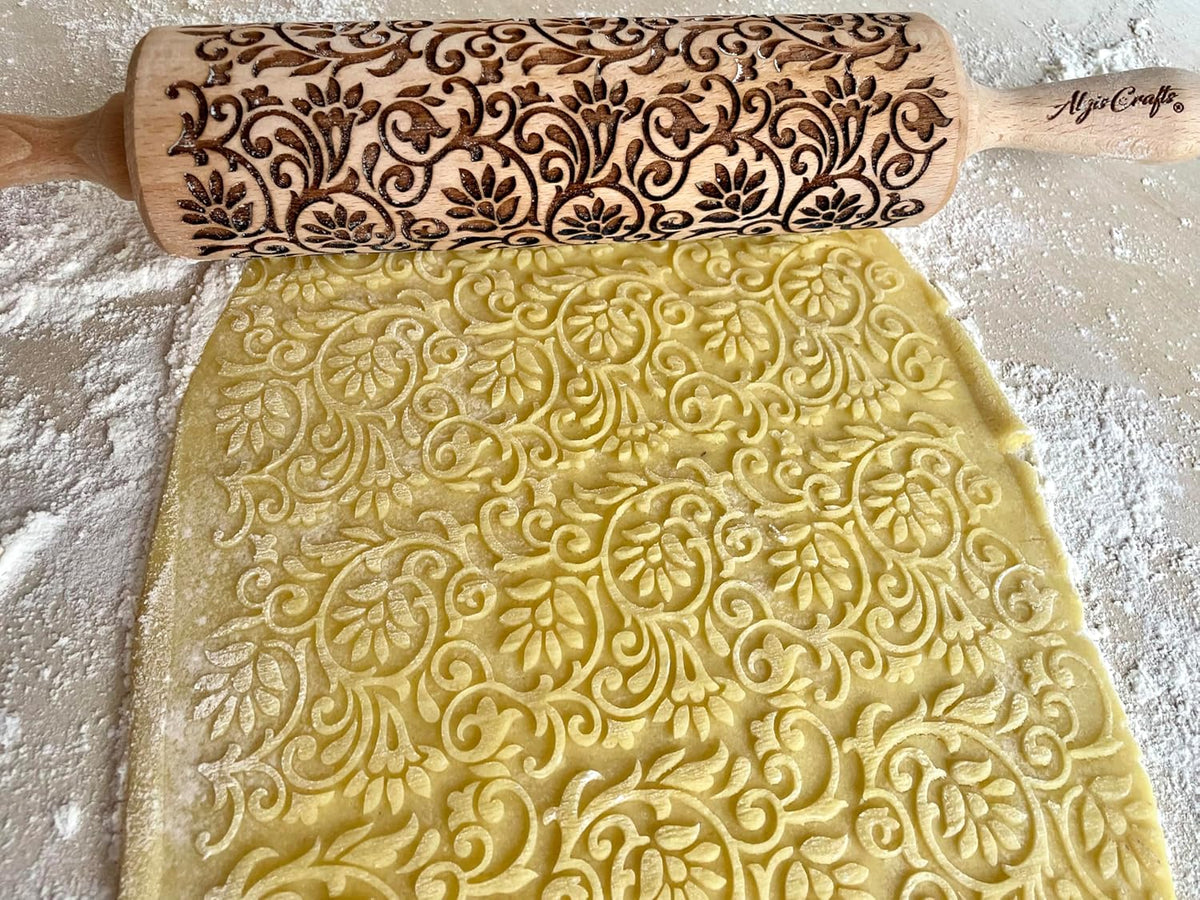 FLOWERING VINE Embossing Rolling Pin. Laser Engraved Dough Roller with Climbing Flowers Pattern for Embossed Cookies or Pottery by Algis Crafts