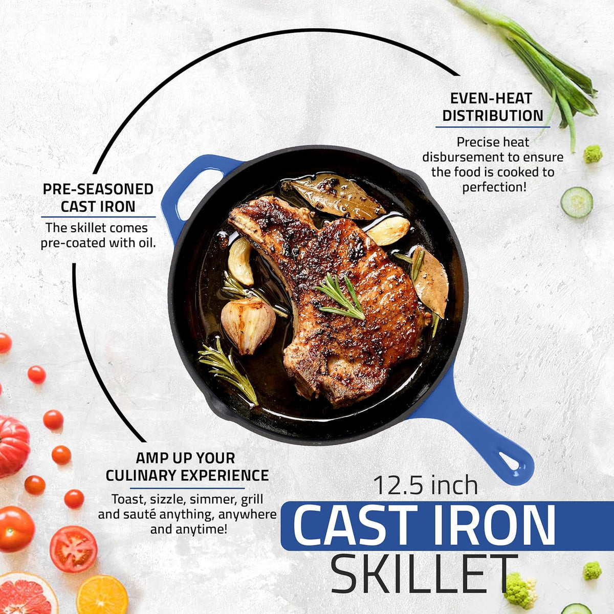 Utopia Kitchen Saute Frying Pan 12 Inch, Cast Iron Chefs Pan, Pre Seasoned Cast iron Skillet With Lid, Safe Grill Cookware for Indoor & Outdoor Use, Blue