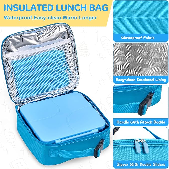 MAXSO Bento Lunch Box Set with 8 oz Soup Thermo, Kids Leakproof 4 Compartments Hot Food Container with Sauce Cup, Ice Pack and Lunch Bag, Child Insulated Food Jar for School - Blue