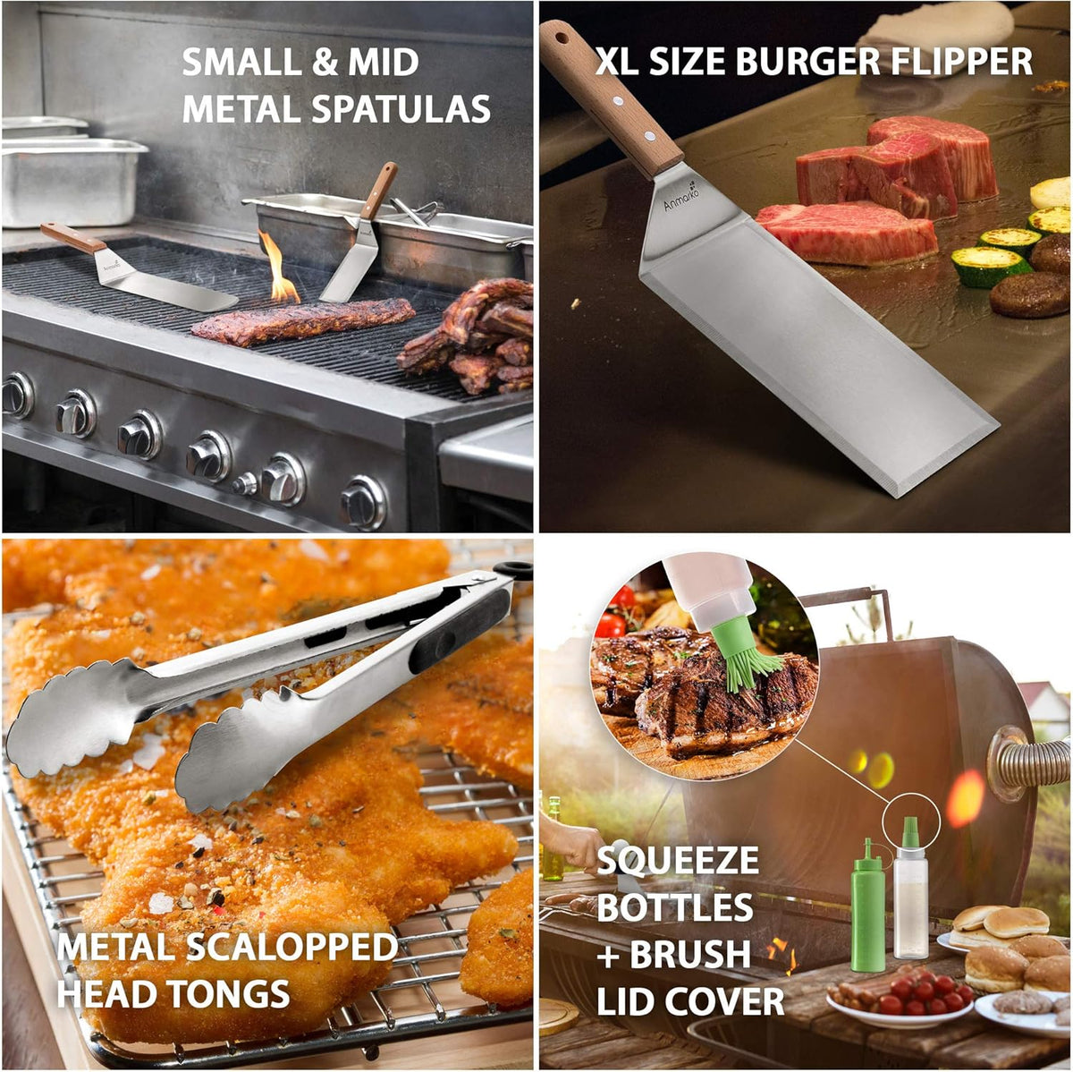Metal Spatula Set of 6 - Griddle Accessories kit - Grill Flat Spatula Pancake Flipper Hamburger Turner - Metal Utensil Great for BBQ Grill Flat Top Cast Iron Griddle