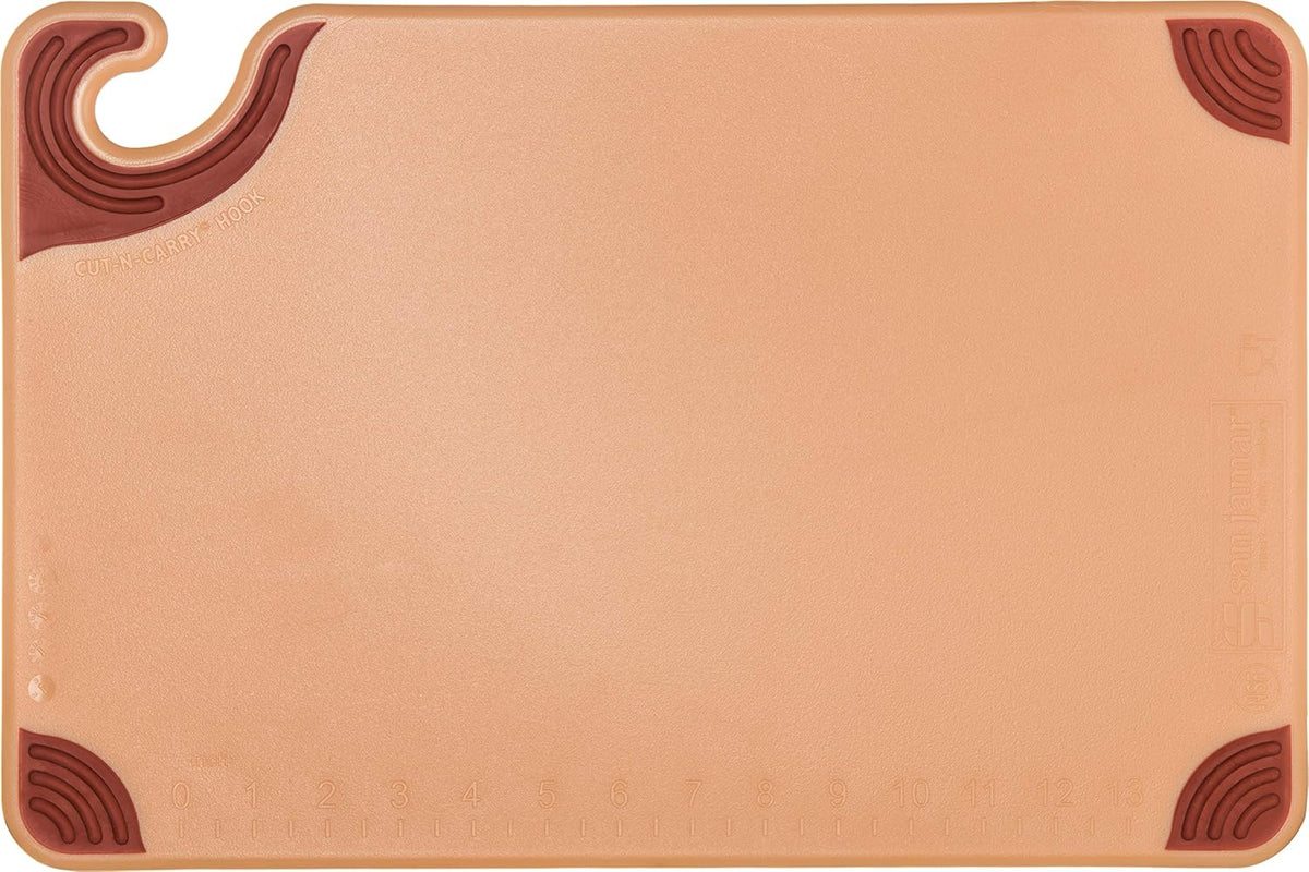 San Jamar Saf-T-Grip Plastic Cutting Board with Safety Hook, 12" x 18" x 0.5", Brown