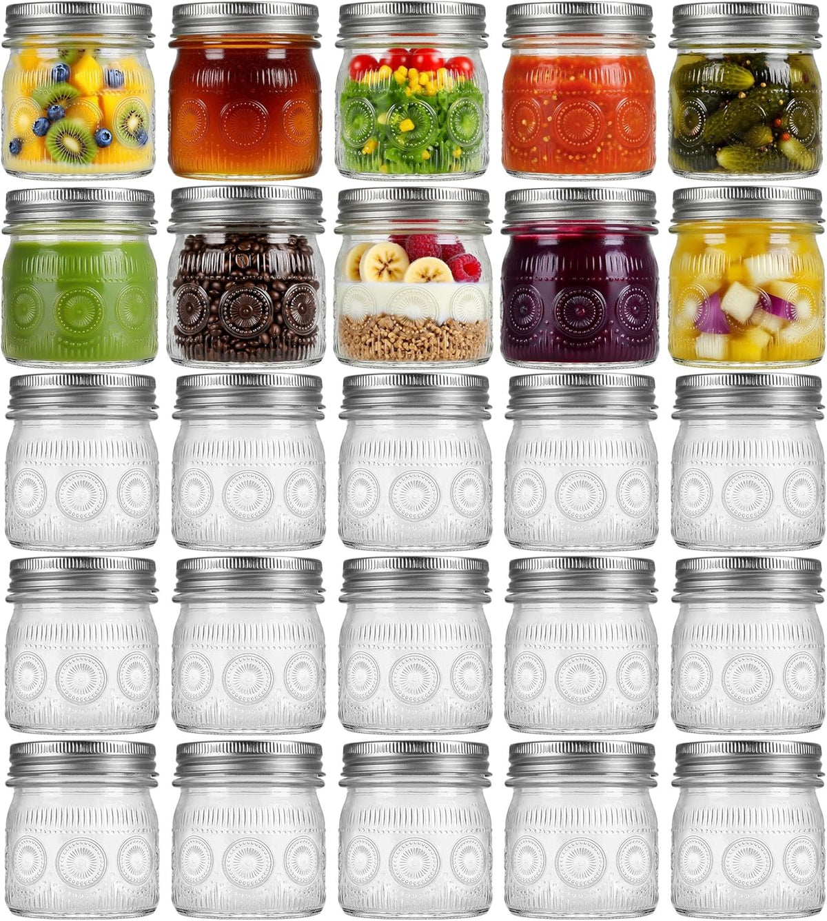 8 oz Mason Jars with Regular Airtight Lids - 24 Pack Small Mason Jars for Jam, Honey, Baby Foods, Overnight Oats, Spices, Herbs, Salads, Candles, Dessert, Party Favors, Half Pint Size Canning Jar