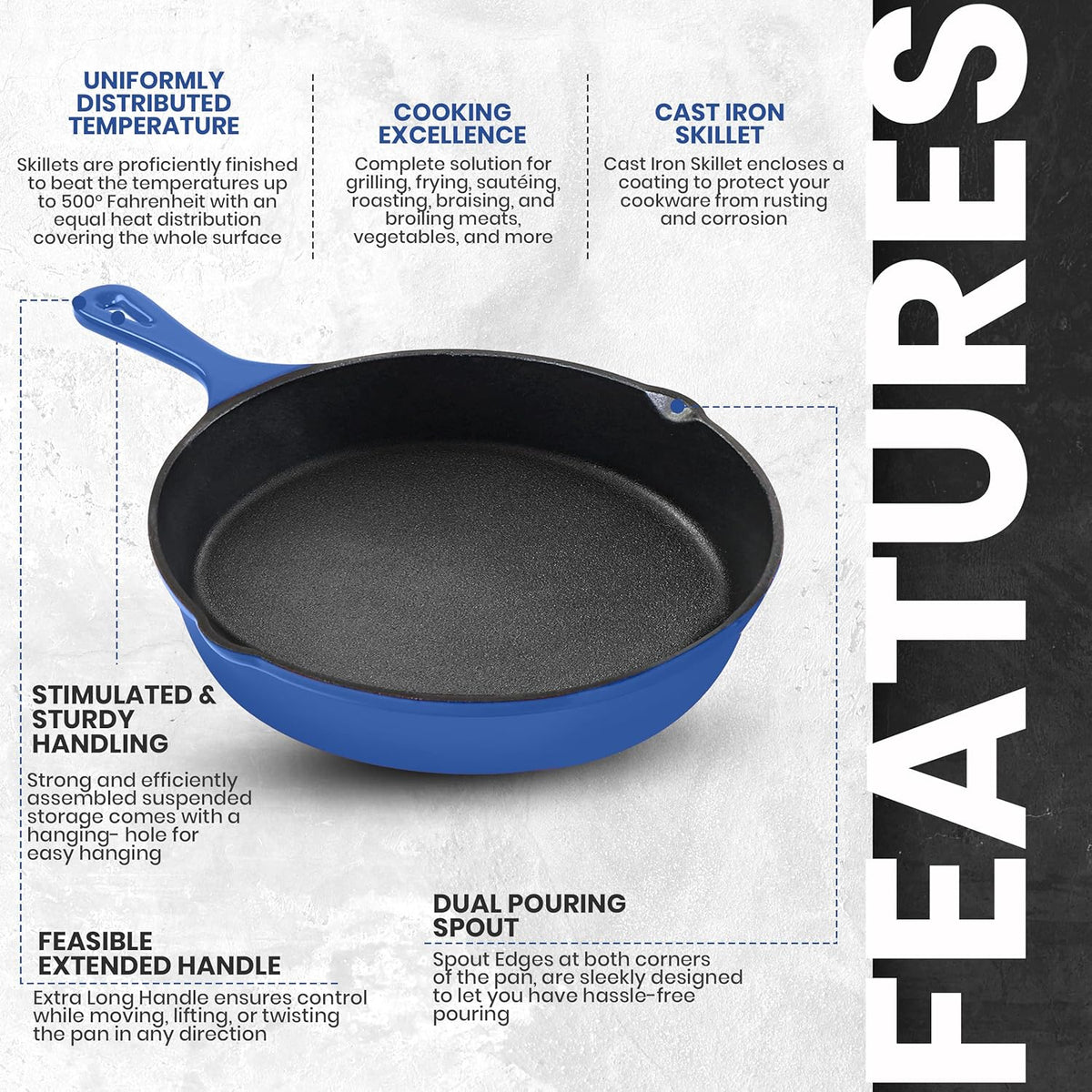 Utopia Kitchen Cast iron Skillets 3 Piece Set, Chefs Pan, Pre Seasoned Cast iron Skillets, 6, 8 & 10 Inches, Easy Use in the Oven, Stove, Grill, or Campfire, Blue