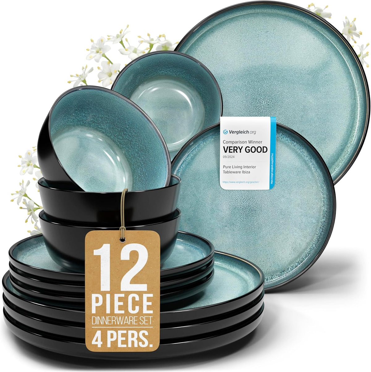 12 Piece Dinnerware Sets for 4 - Modern Style Stoneware Dinnerware Set - Scratch Resistant, Dishwasher Safe Plates and Bowls Sets Ceramic, Dish Set, Bowl and Plate Set - Black and Petrol Blue…
