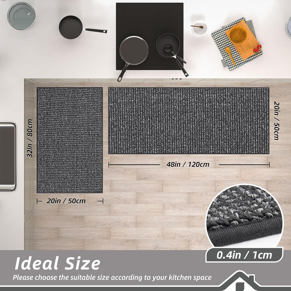 BEQHAUSE Kitchen Rugs and Mats 2PCS, Non-Slip Kitchen Mats for Floor, Absorbent and Stain Resistant Kitchen Runner, Machine Washable Rugs for Kitchen, Laundry & Sink, 20"x32"+20"x48", Charcoal
