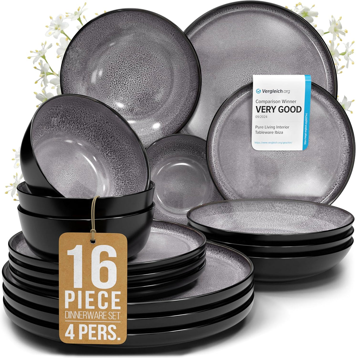 Stoneware dinnerware set 4 persons 16 pcs - Dishwasher, microwave and scratch resistant - Bowl and plate set 4 persons modern - Dinner service Pure Living black in gray…
