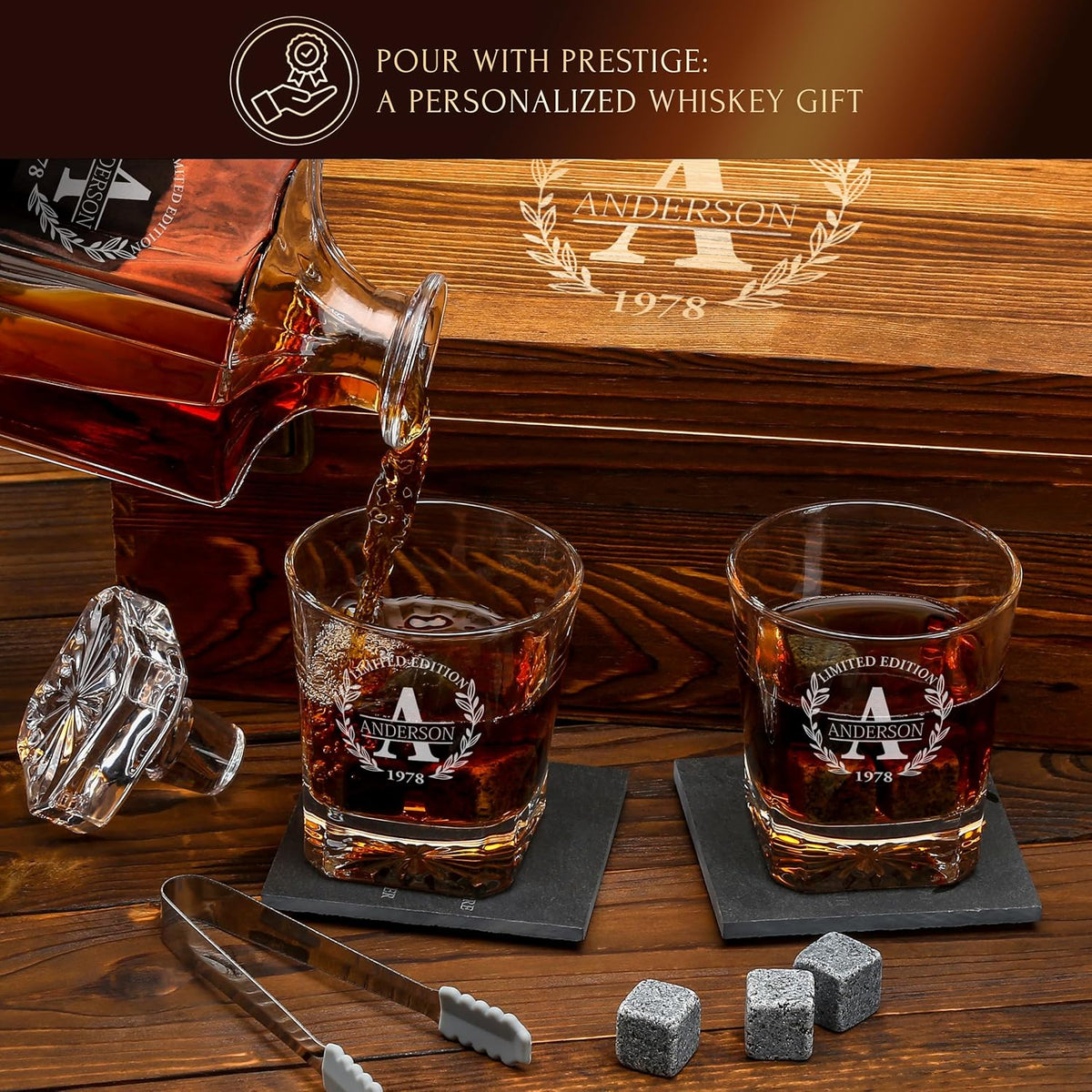 Personalized Whiskey Decanter and Stones Set - Customized Gift for Him - Men, Dad, Father - Engraved Classic Decanter, Glasses, 9 Granite Stones in Container, Coasters, Tongs in Wooden Gift Box