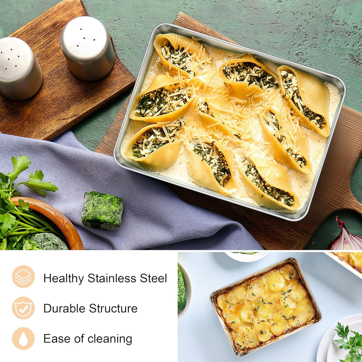 E-far 2 Packs Toaster Oven Trays, 9.4”x7.3” Stainless Steel Small Baking Cookie Sheets, Mini Non-toxic Metal Baking Pans for Cake, Healthy & Rust Free, Mirror Finish & Dishwasher Safe