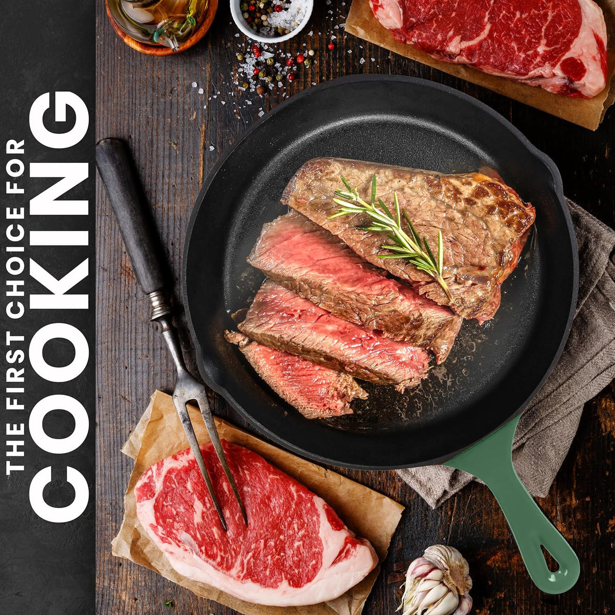 Utopia Kitchen Cast iron Skillets 3 Piece Set, Chefs Pan, Pre Seasoned Cast iron Skillets, 6, 8 & 10 Inches, Easy Use in the Oven, Stove, Grill, or Campfire, Green