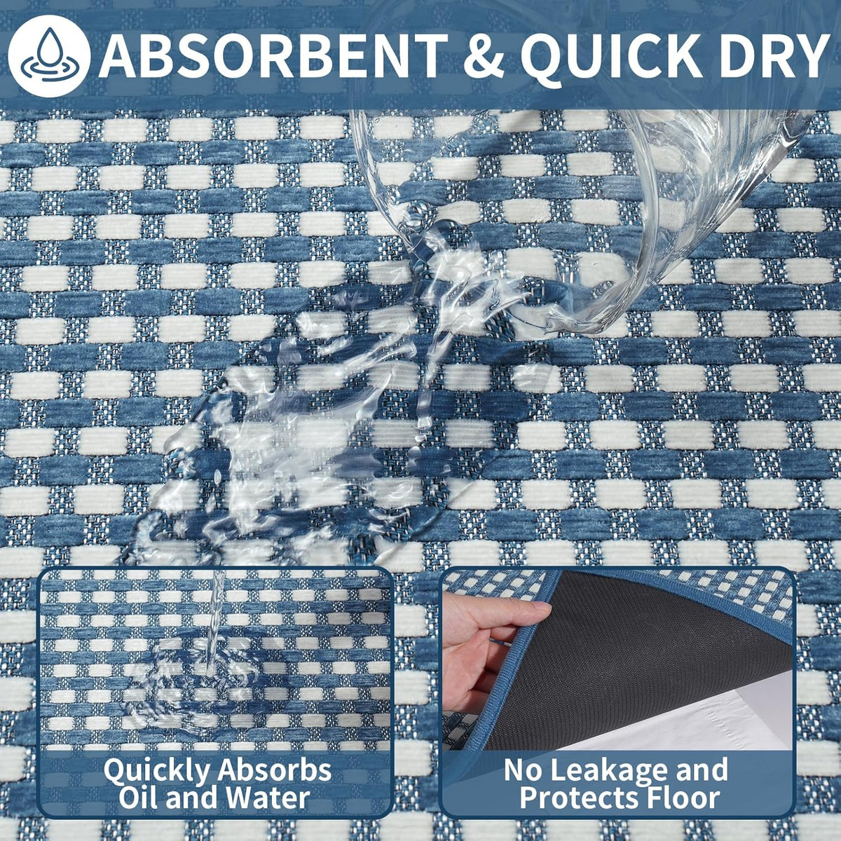 Kitchen Mat Kitchen Rugs Sets of 2 PCS Non Slip Washable, Super Absorbent Soft Braided Kitchen Mats for Floor, Rubber Backing Comfort Standing Kitchen Sink Mat Runner Rug, Blue 17"x28"+17"x47"
