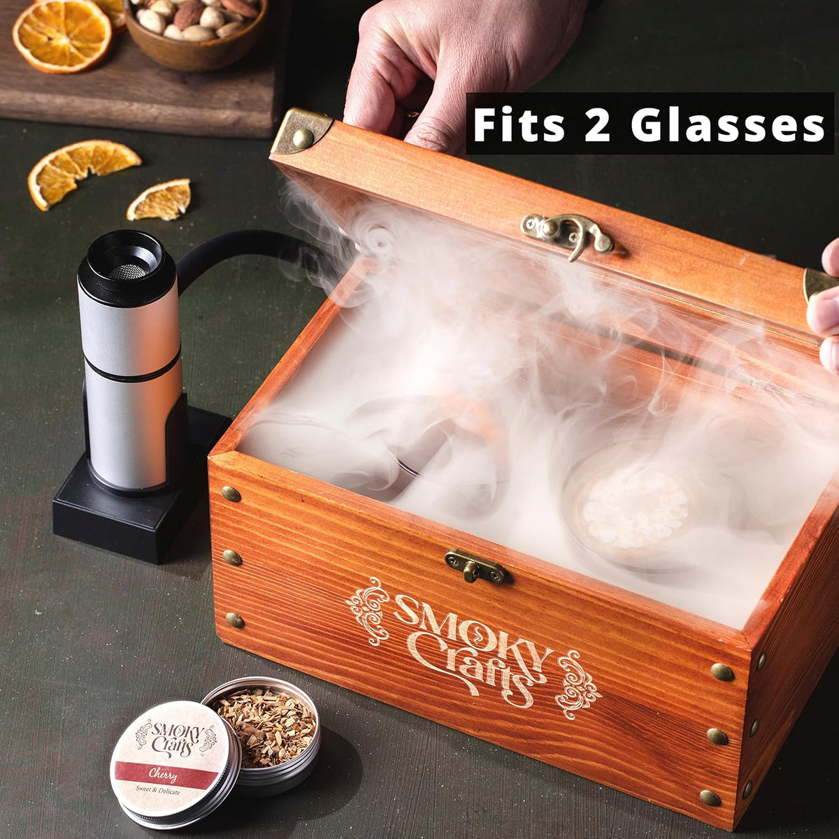 Old Fashioned Smoker Kit - Whiskey Smoker Kit with Smoking Gun, Cocktail Smoke Box, Food Tray and Wood Chips (Apple & Cherry) - Bourbon Gifts for Men (Torch Not Required)