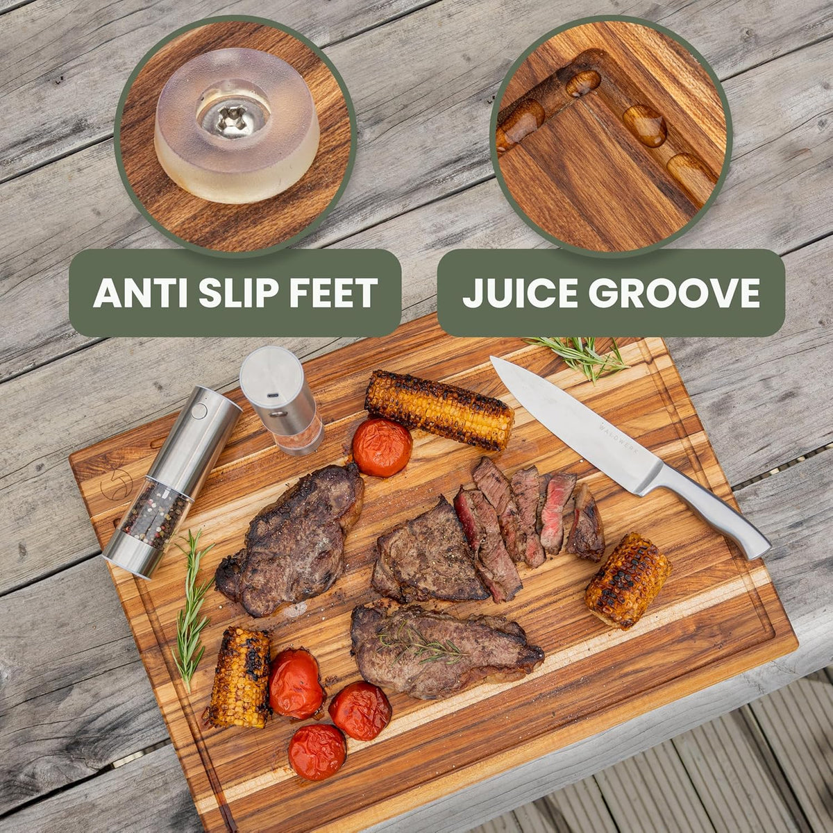 WALDWERK Large Teak Wood Cutting Board (24 x 18 x 1,2") - Solid Wood Cutting Board - Extra Large Teak Wood Chopping Board - Wooden Butcher Block for Kitchen