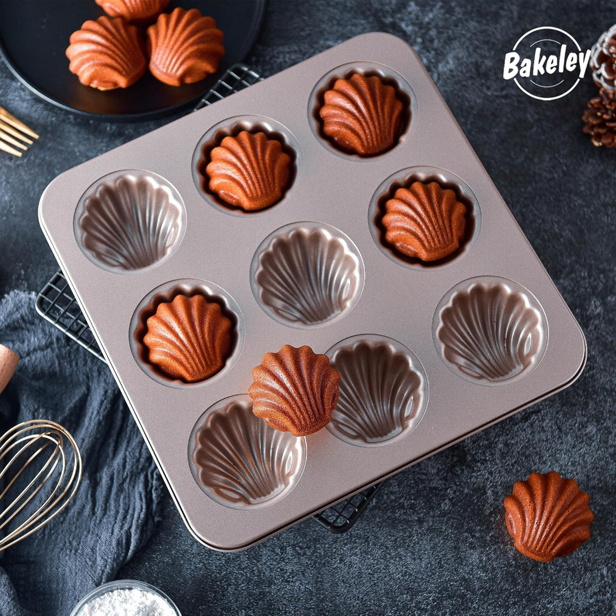 Madeleine Mold Cake Pan, 9-Cavity Non-Stick Spherical Shell Madeline Bakeware for Oven Baking (Champagne Gold)