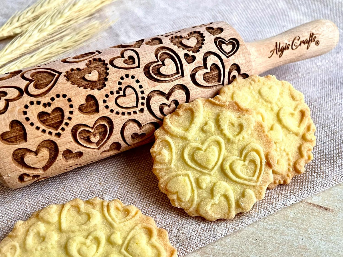 LOVELY DAY 3 KID Rolling Pin SET with HEART, PAISLEY and SPRING patterns. Wooden Laser Cut Mini embossing Rolling Pins for cookies, play dough, salt dough or clay by Algis Crafts