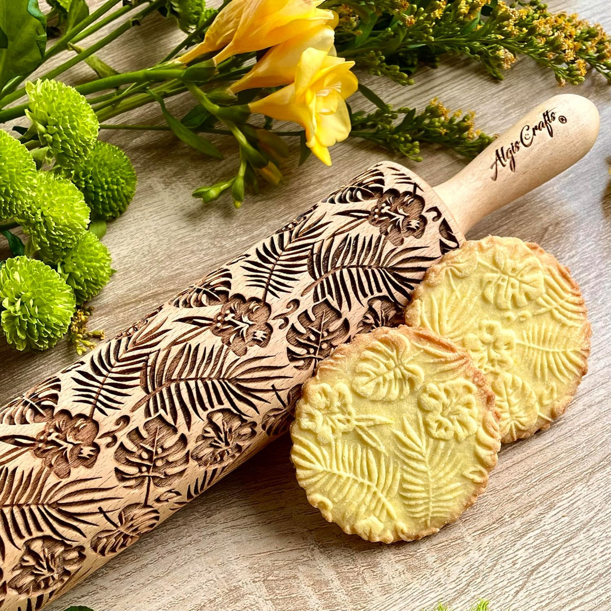 Embossing Rolling Pin RAINFOREST with Tropical Pattern. Dough roller for embossed cookies and Pottery by Algis Crafts