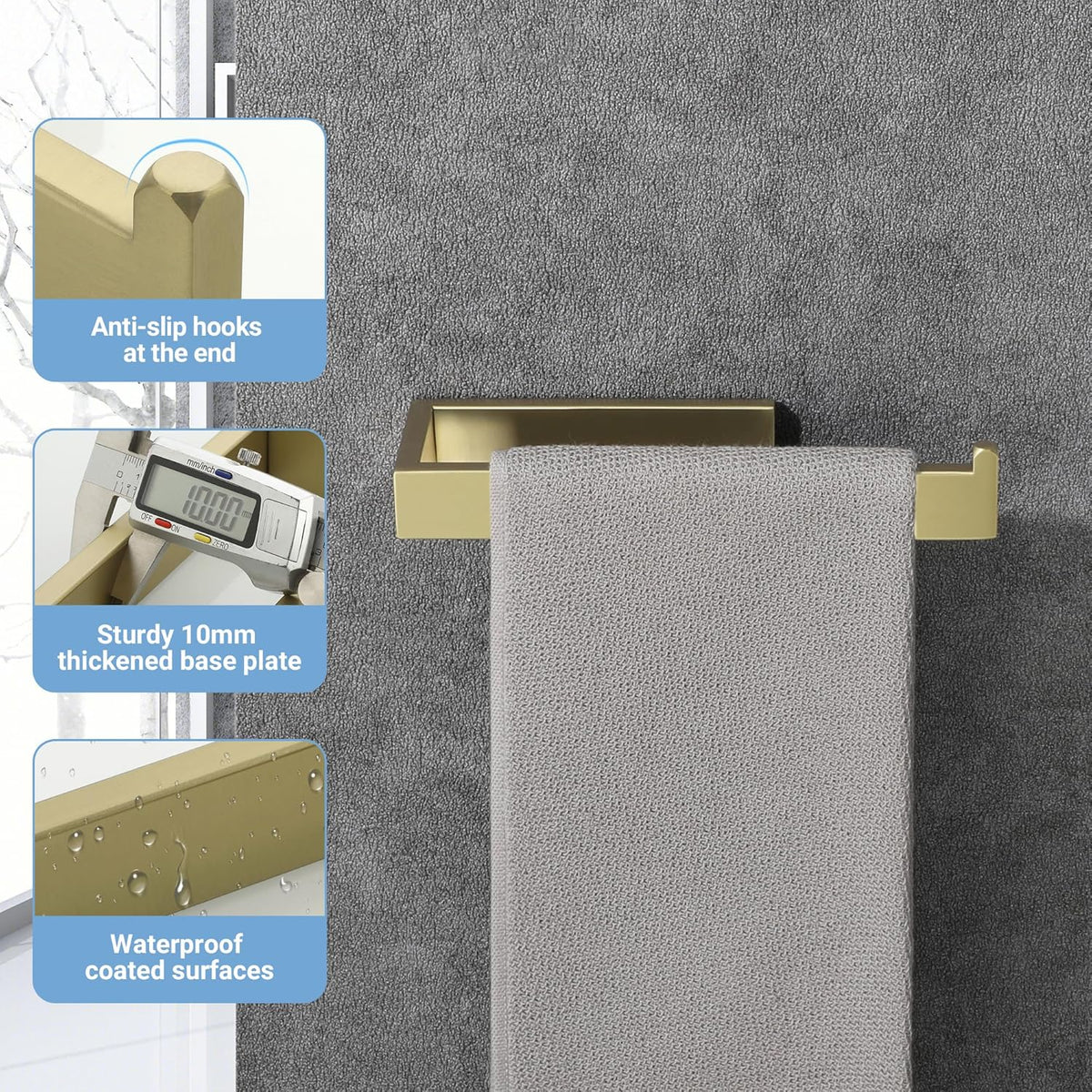 Sayayo Brushed Gold Towel Ring for Bathroom, 10 Inch Hand Towel Bar Towel Rack Towel Holder Wall Mounted Square, SUS304 Stainless Steel