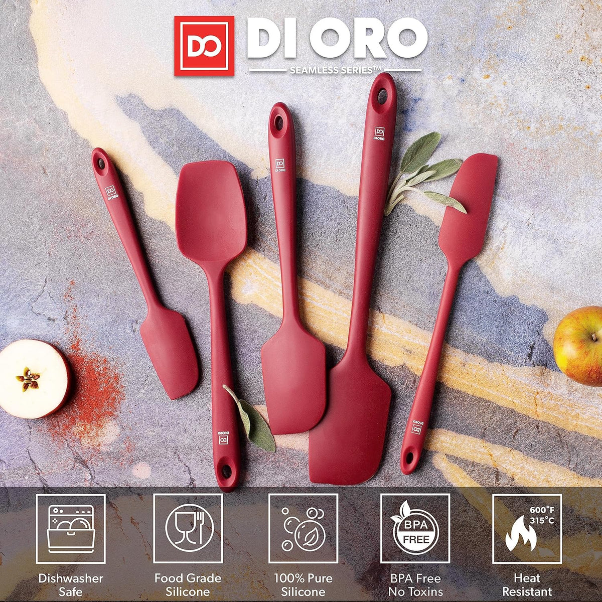 DI ORO Silicone Spatula Set - Rubber Kitchen Spatulas for Baking, Cooking, & Mixing - 600°F Heat-Resistant & BPA Free Silicone Scraper Spatulas for Nonstick Cookware - Dishwasher Safe (5pc, Red)