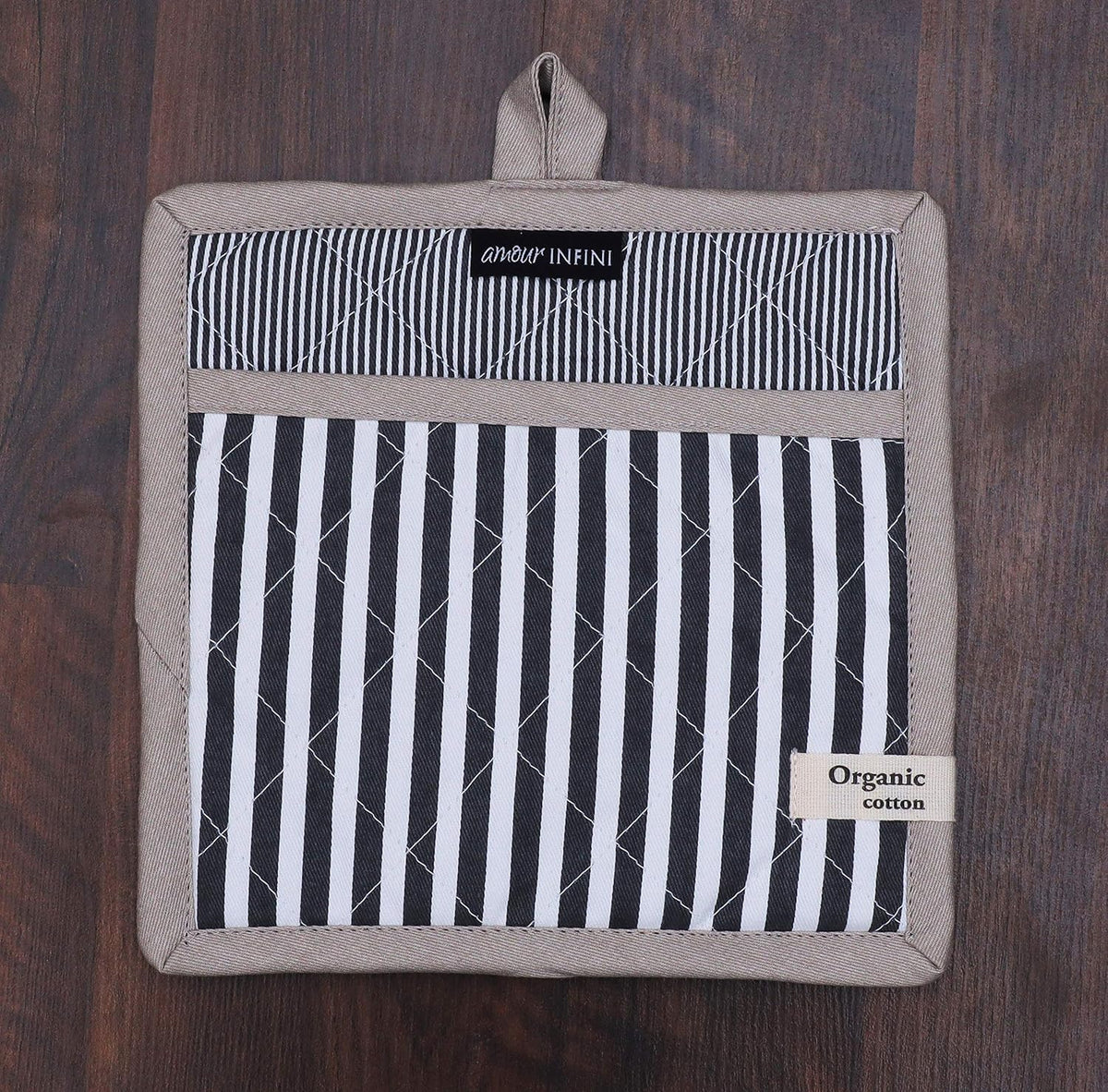 AMOUR INFINI Pot Holders Heat Resistant Cotton Set of 3 Nonslip 8"x8" Inch Hot Pads for Kitchen, BBQ, Baking & Cooking with Hanging Loops (Stripe Charcoal)
