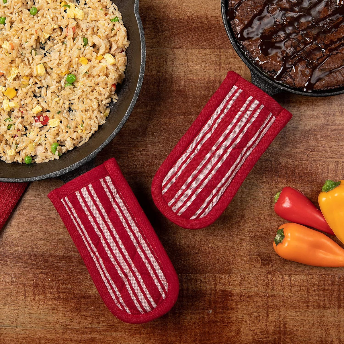 Sticky Toffee Pan Handle Covers for Cast Iron Skillet, Set of 2, Red Heat Resistant Sleeves, 3 x 6 in, Oeko-Tex Cotton Hot Pot Holders