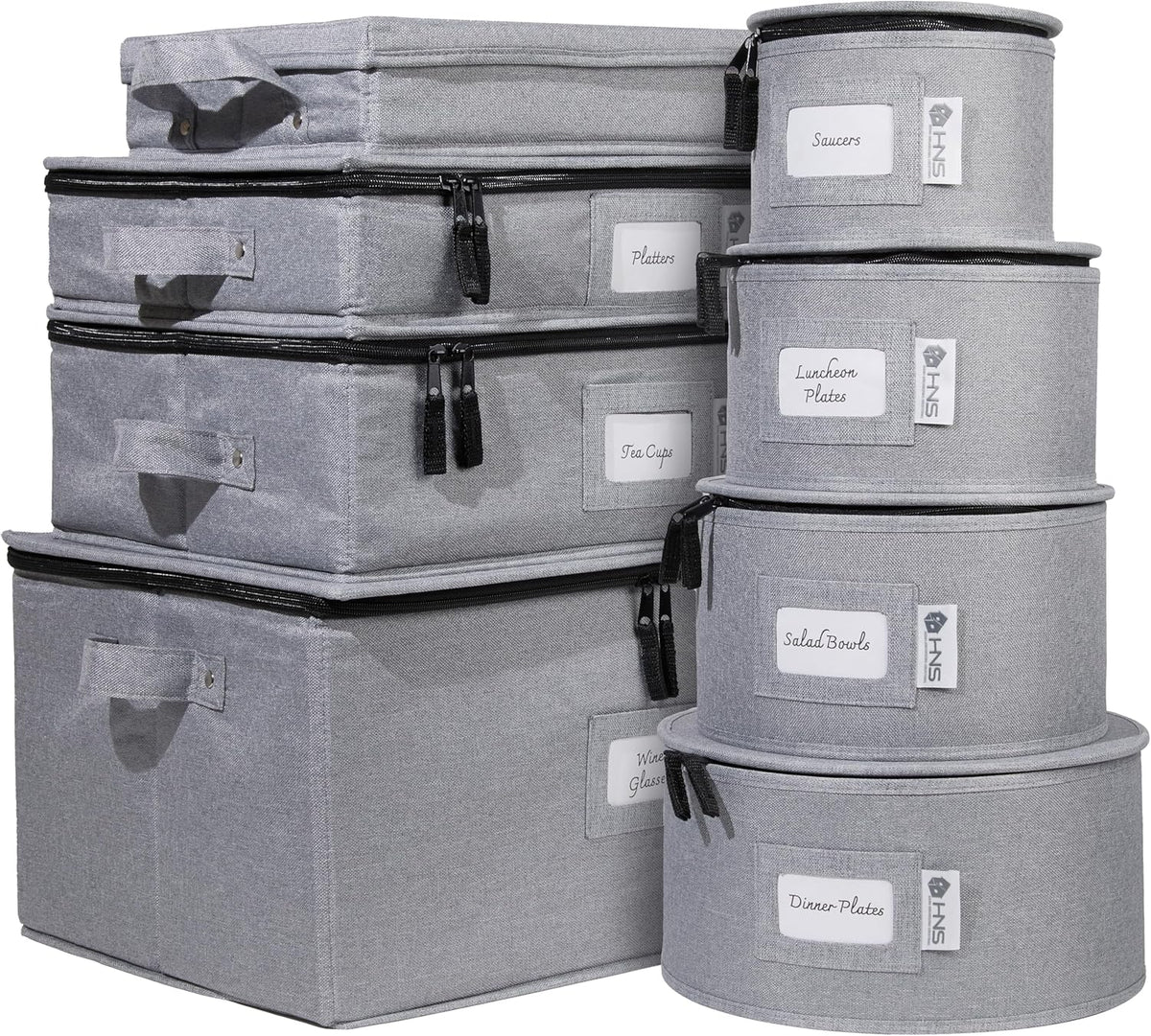 Hard Shell China Storage Containers 8-Piece Set Moving Boxes for Dinnerware, Glasses, Plates, Mugs and Saucers Sturdy Dish Organizer with Dividers for Seasonal Storage - Service for 12 - Gray