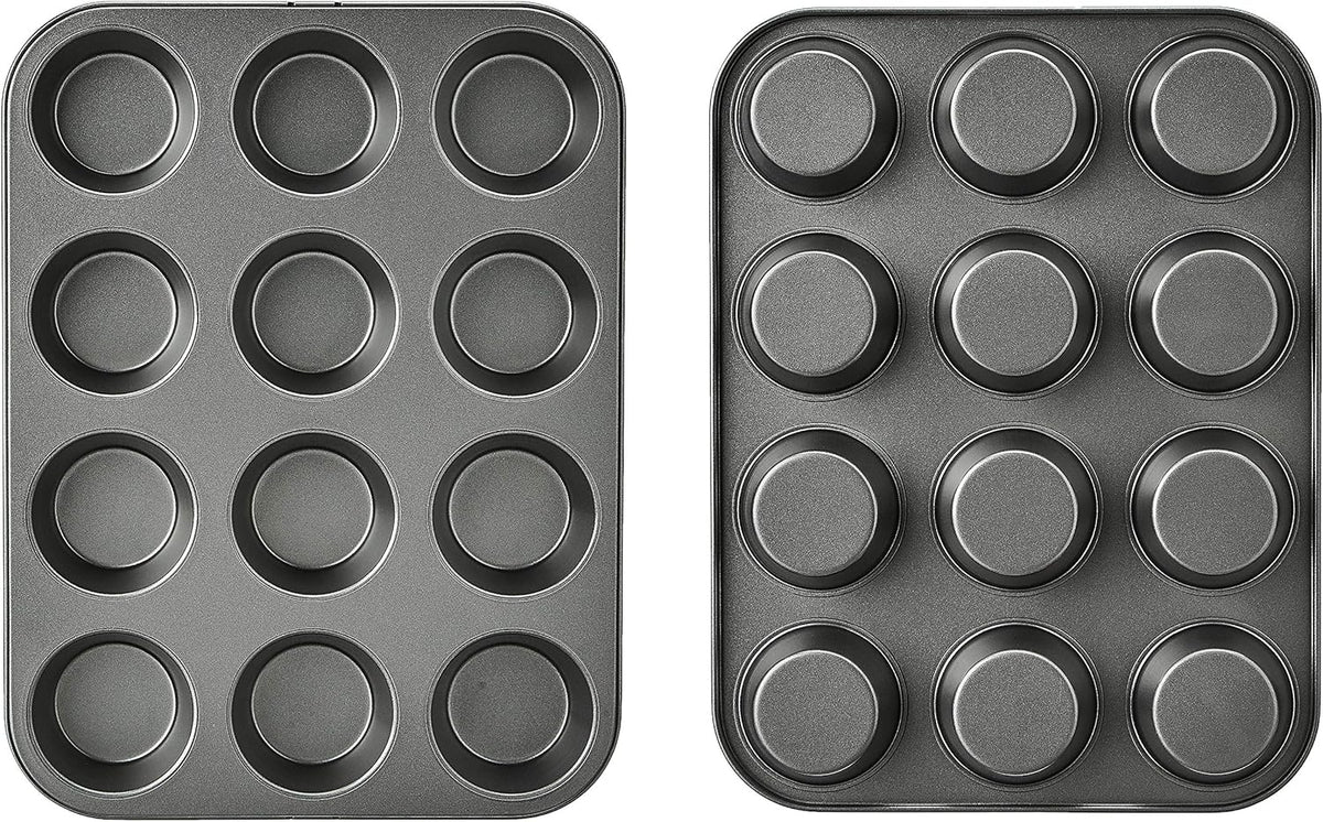 Amazon Basics Nonstick Round Muffin Baking Pan, 12 Cups, Set of 2, Gray, 13.9x10.55x1.22"