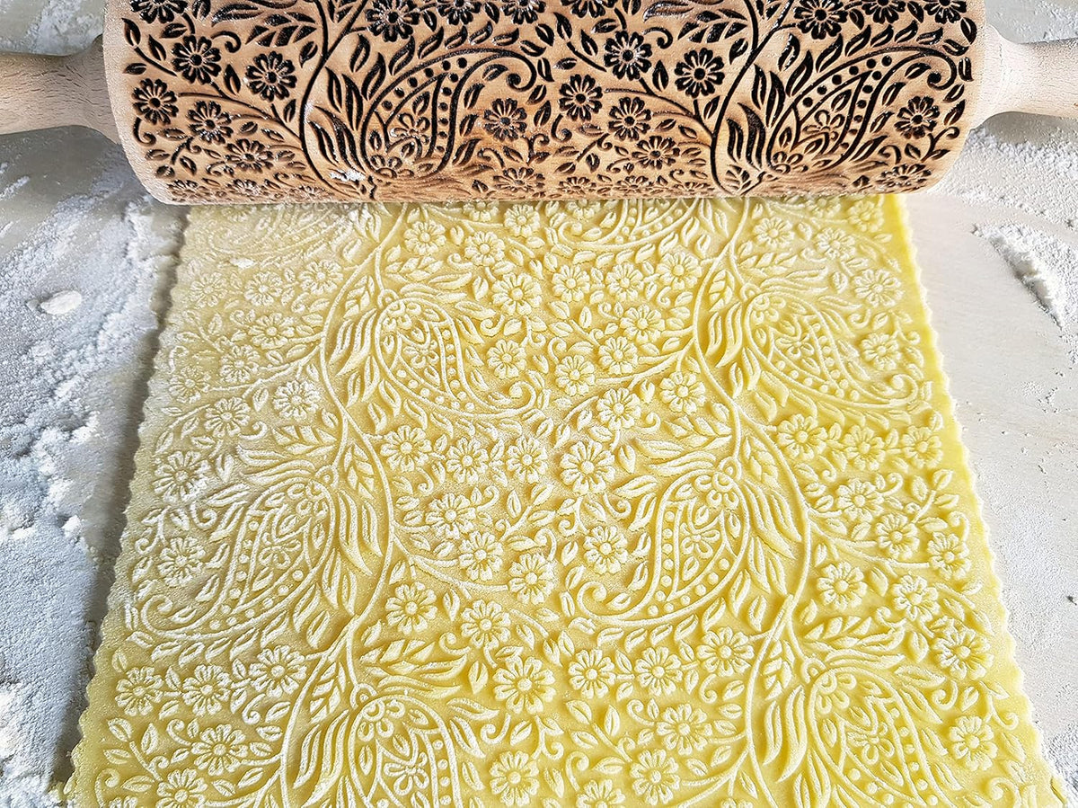KASHMIR pattern Embossed Rolling Pin. Engraved Dough Roller with Paisley for Embossed Cookies and Pottery by Algis Crafts