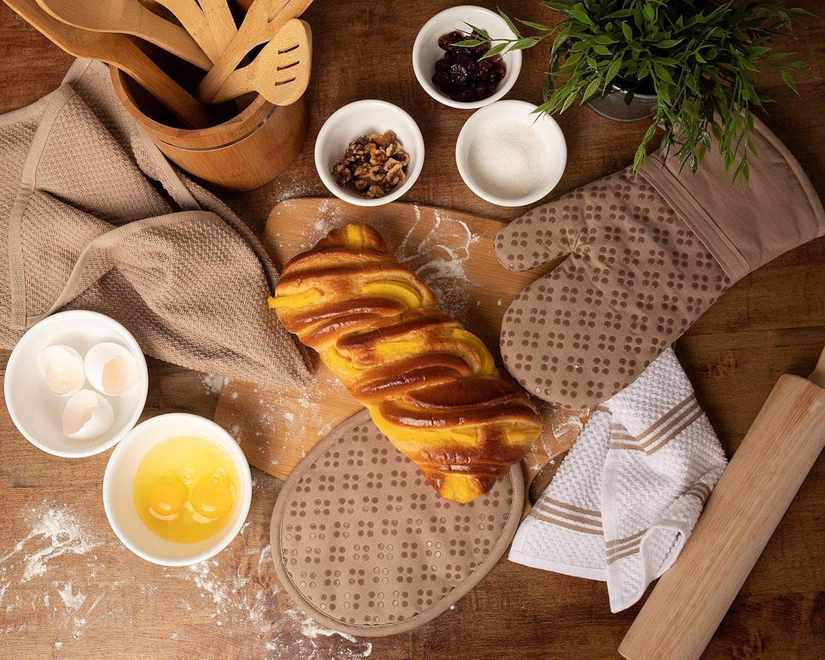 Sticky Toffee 9-Piece Kitchen Set – Tan 100% Cotton Terry Dish Towels, Dishcloths, Oven Mitts, and Pot Holders with Non-Slip Silicone Grip, Oeko-Tex Cotton